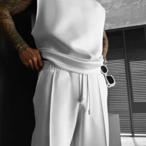 2025 Summer new men's sports fashion casual pants vest set loose sleeveless T-shirt solid color set - Image 6