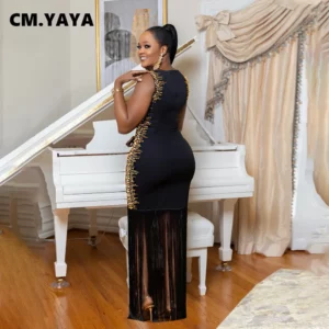 CM.YAYA Fall Diamonds Hot Rhinestones Tassel O-neck Women Sleeveless Bodycon Long Dress Birthday Party Evening Prom Maxi Dresses - Image 2