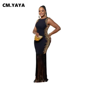 CM.YAYA Fall Diamonds Hot Rhinestones Tassel O-neck Women Sleeveless Bodycon Long Dress Birthday Party Evening Prom Maxi Dresses - Image 3