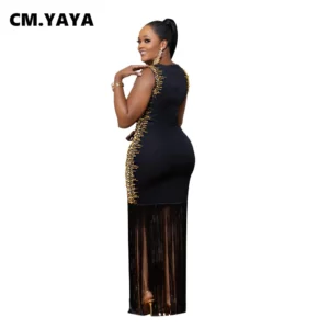 CM.YAYA Fall Diamonds Hot Rhinestones Tassel O-neck Women Sleeveless Bodycon Long Dress Birthday Party Evening Prom Maxi Dresses - Image 4
