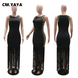 CM.YAYA Fall Diamonds Hot Rhinestones Tassel O-neck Women Sleeveless Bodycon Long Dress Birthday Party Evening Prom Maxi Dresses - Image 5