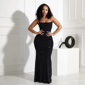 Women Camisole Dress Sheath Party Dresses Ankle Length Vestidos Sleeveless Slim 2025 Diamonds Slight Strech Summer Spliced - Image 2