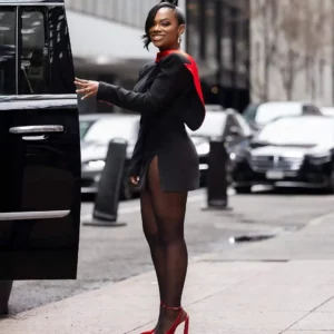 Blazer Style Short Prom Dress with Sleeves Black Red Mini Dress Open Back Ruched Above Knee Length Prom Gowns Satin Small Split - Image 3
