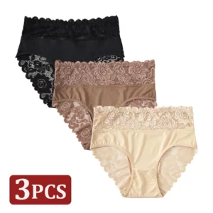 3PCS New High Waist Comfortable Women's Underwear Exquisite Floral Lace Details Briefs Solid Color Panties Casual Daily - Image 3