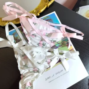 Ruffled Lovely Sweet Thong Briefs women Smooth Satin Panties Floral Printed T-back Underwear Bow Cross Strap Low Rise Underpants - Image 4