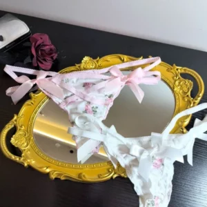 Ruffled Lovely Sweet Thong Briefs women Smooth Satin Panties Floral Printed T-back Underwear Bow Cross Strap Low Rise Underpants - Image 5