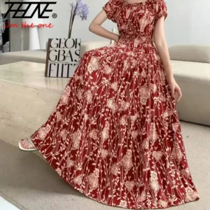 THHONE Vestidos Robe Maxi Long Dress Women Summer Indian Clothes Bohemian Cotton Linen Floral Short Sleeve Korean Style Casual - Image 1