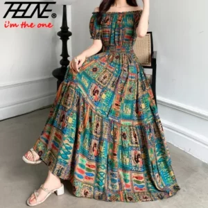 THHONE Vestidos Robe Maxi Long Dress Women Summer Indian Clothes Bohemian Cotton Linen Floral Short Sleeve Korean Style Casual - Image 2