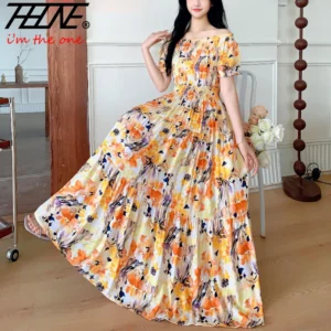 THHONE Vestidos Robe Maxi Long Dress Women Summer Indian Clothes Bohemian Cotton Linen Floral Short Sleeve Korean Style Casual - Image 3