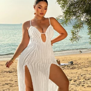 Women's Plus Size White Textured Striped Spaghetti Strap Cutout Double Split Maxi Dress Beach Cover-Up - Image 7