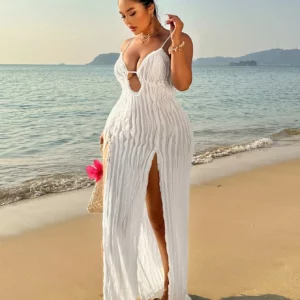 Women's Plus Size White Textured Striped Spaghetti Strap Cutout Double Split Maxi Dress Beach Cover-Up - Image 6