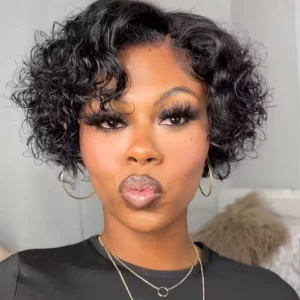Short Bob Wig Pixie Cut Curly Human Hair Wig For Women Black Color 13x6x1 T part lace closure Deep Wave Lace Wig Preplucked Hair - Image 3