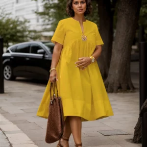 Women Plus Size Loose Dress Short Sleeve Round Neck Pleated A-line Solid Casual Vintage High Street Fashion Summer Dresses - Image 1