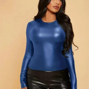 Spring and Autumn Women's PU Leather Slim Fit T-Shirt Round Neck Long Sleeve T-Shirt - Image 5