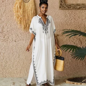 Women Vintage Loose Dress Cotton Beach Cover-up Embroidered Robe Vacation Sun Protection Bikini Cover-up Sexy Dresses For Women - Image 1