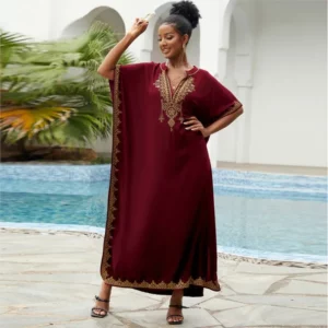 Women Vintage Loose Dress Cotton Beach Cover-up Embroidered Robe Vacation Sun Protection Bikini Cover-up Sexy Dresses For Women - Image 3