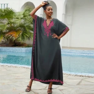 Women Vintage Loose Dress Cotton Beach Cover-up Embroidered Robe Vacation Sun Protection Bikini Cover-up Sexy Dresses For Women - Image 4