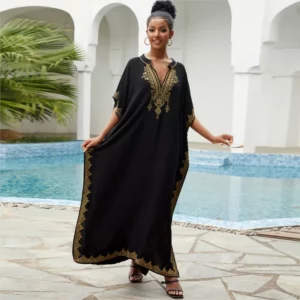 Women Vintage Loose Dress Cotton Beach Cover-up Embroidered Robe Vacation Sun Protection Bikini Cover-up Sexy Dresses For Women - Image 6