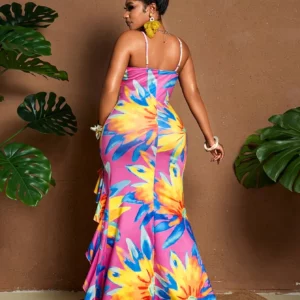 Women's Plus Size Colorful Floral Print Spaghetti Strap Ruffle Trim Asymmetrical High Split Mermaid Maxi Dress Beach Party Dress - Image 2
