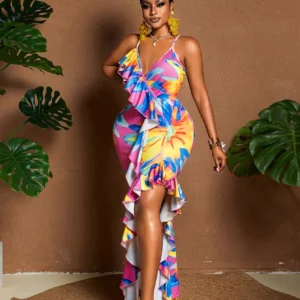 Women's Plus Size Colorful Floral Print Spaghetti Strap Ruffle Trim Asymmetrical High Split Mermaid Maxi Dress Beach Party Dress - Image 3