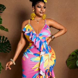 Women's Plus Size Colorful Floral Print Spaghetti Strap Ruffle Trim Asymmetrical High Split Mermaid Maxi Dress Beach Party Dress - Image 5