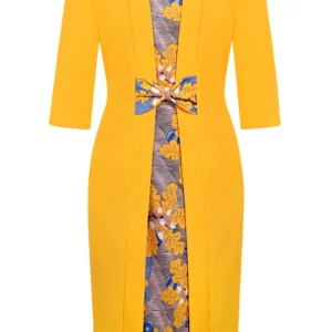 Womens Elegant Floral Patchwork Bow Tie 2/3 Sleeve Work Office Knee Length Business Casual Party Bodycon Sheath Dress - Image 5