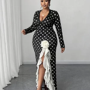 Women's Plus Size Black White Polka Dot Long Sleeve Deep V-Neck High Split Ruffle Trim Maxi Dress Party Gown - Image 3