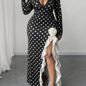 Women's Plus Size Black White Polka Dot Long Sleeve Deep V-Neck High Split Ruffle Trim Maxi Dress Party Gown - Image 4