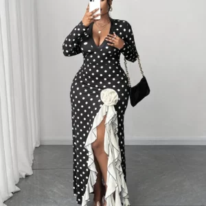Women's Plus Size Black White Polka Dot Long Sleeve Deep V-Neck High Split Ruffle Trim Maxi Dress Party Gown - Image 5
