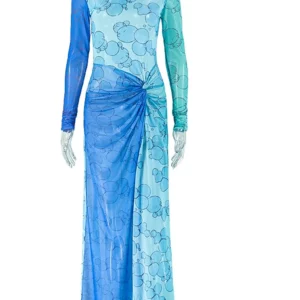 Beyprern Sexy Women’s Gradient Bubble Print Mesh Maxi Dress New Ladies Long Sleeve O Neck Bodycon Ruched High Split Dress Club - Image 3