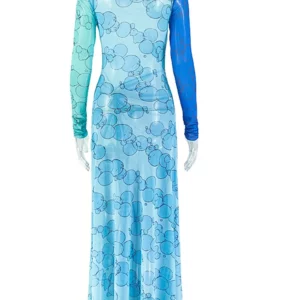 Beyprern Sexy Women’s Gradient Bubble Print Mesh Maxi Dress New Ladies Long Sleeve O Neck Bodycon Ruched High Split Dress Club - Image 6