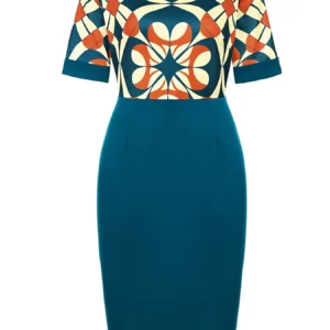 Womens Geometry Print Crew Neck Patchwork Work Office Knee Length Short Sleeve Business Casual Party Pencil Bodycon Sheath Dress - Image 7