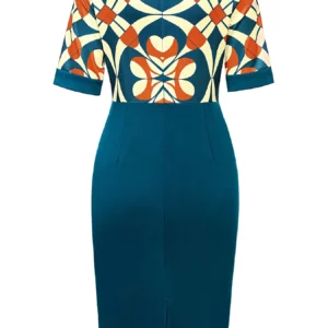 Womens Geometry Print Crew Neck Patchwork Work Office Knee Length Short Sleeve Business Casual Party Pencil Bodycon Sheath Dress - Image 6