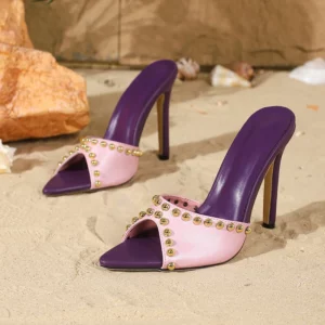 Eilyken Fashion Metal Decoration Pointed Toe Women Slippers Street Style Thin High Heels Stripper Banquet Summer Shoes - Image 4