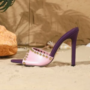 Eilyken Fashion Metal Decoration Pointed Toe Women Slippers Street Style Thin High Heels Stripper Banquet Summer Shoes - Image 5