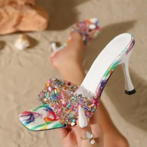 Eilyken Summer Open Toe Colored Rhinestones Slippers Women PVC Transparent Sexy Thin Heels Stripper Ladies Slides Shoes - Image 1