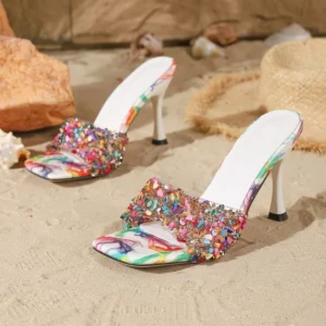 Eilyken Summer Open Toe Colored Rhinestones Slippers Women PVC Transparent Sexy Thin Heels Stripper Ladies Slides Shoes - Image 4