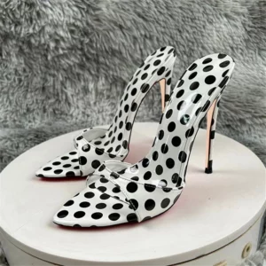 12cm Summer High Heels For Women's Pointed Toe Sandals Sexy Woman Shoes Slippers Black White Dots Sexy Vacation Slippers LX080 - Image 2