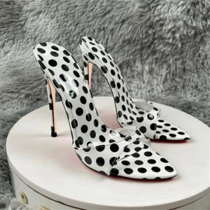 12cm Summer High Heels For Women's Pointed Toe Sandals Sexy Woman Shoes Slippers Black White Dots Sexy Vacation Slippers LX080 - Image 4