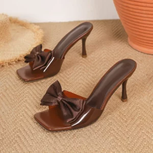Aneikeh Summer Elegant Brown Bowknot Peep Toe Women Slippers Mules Slides Sexy Thin High Heels Prom Sandals Fashion Female Shoes - Image 2