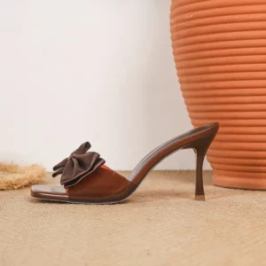 Aneikeh Summer Elegant Brown Bowknot Peep Toe Women Slippers Mules Slides Sexy Thin High Heels Prom Sandals Fashion Female Shoes - Image 5