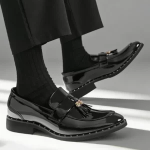 Fashion Men's Business Formal Slip-On Loafers Pointed Toe Patent Leather Shoes Shiny Tassel & Snake Print, Suitable Office Party - Image 4