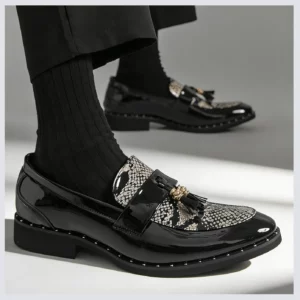 Fashion Men's Business Formal Slip-On Loafers Pointed Toe Patent Leather Shoes Shiny Tassel & Snake Print, Suitable Office Party - Image 5