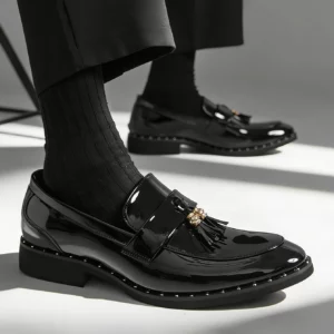 Fashion Men's Business Formal Slip-On Loafers Pointed Toe Patent Leather Shoes Shiny Tassel & Snake Print, Suitable Office Party - Image 6