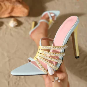 Eilyken Sexy String Bead Thin Heels Pointed Toe Slippers Women Narrow Band Stripper Ladies Slides Summer Shoes Zapatos De Mujer - Image 2