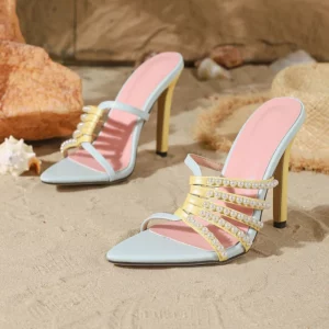 Eilyken Sexy String Bead Thin Heels Pointed Toe Slippers Women Narrow Band Stripper Ladies Slides Summer Shoes Zapatos De Mujer - Image 4