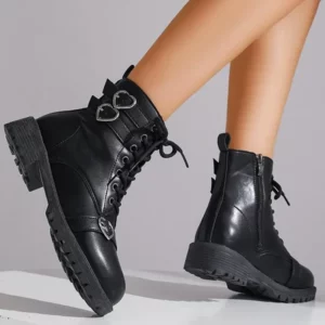 Women's Boots Metal Heart Buckle Ankle Boots for Woman Autumn Winter Lace Up Platform Short Boots Women Black Shoes Botas Mujer - Image 2