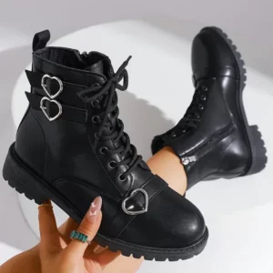 Women's Boots Metal Heart Buckle Ankle Boots for Woman Autumn Winter Lace Up Platform Short Boots Women Black Shoes Botas Mujer - Image 3
