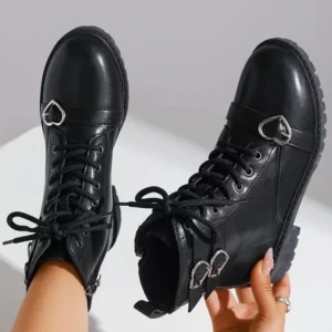 Women's Boots Metal Heart Buckle Ankle Boots for Woman Autumn Winter Lace Up Platform Short Boots Women Black Shoes Botas Mujer - Image 4