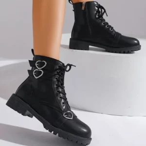 Women's Boots Metal Heart Buckle Ankle Boots for Woman Autumn Winter Lace Up Platform Short Boots Women Black Shoes Botas Mujer - Image 5